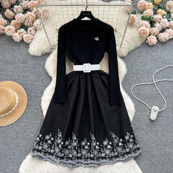 Vestidos casuais elegantes vestido midi de bandagem vintage para mulheres primavera outono manga malha de malha impressão vestidos festas senhoras