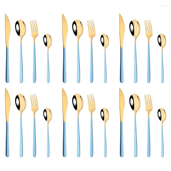 Akşam yemeği setleri 24pcs altın mavi tutamaç çatal bıçak takımı seti 304 paslanmaz çelik sofraware mutfak gümüş eşya aynası renkli sofra takımı