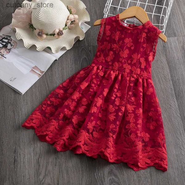 Mädchenkleider Blume Spitze Baby Sommerkleider für Mädchen Sevess 2-6 Jahre Kinder Casual Clothing Red New Year Party Kinder Kleid L240402