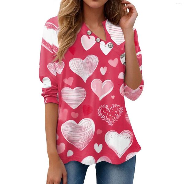 Camicie da donna maglietta maglietta per impronta di San Valentino pulsante lungo manica lunga weekend alla moda v al collo top blouse