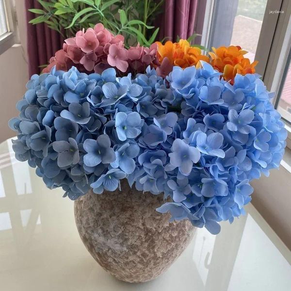 Flores decorativas Simulação Decoração da sala de estar de seda hortênsias de buquê decoração de café falsa flor azul artificial hidrangea laranja
