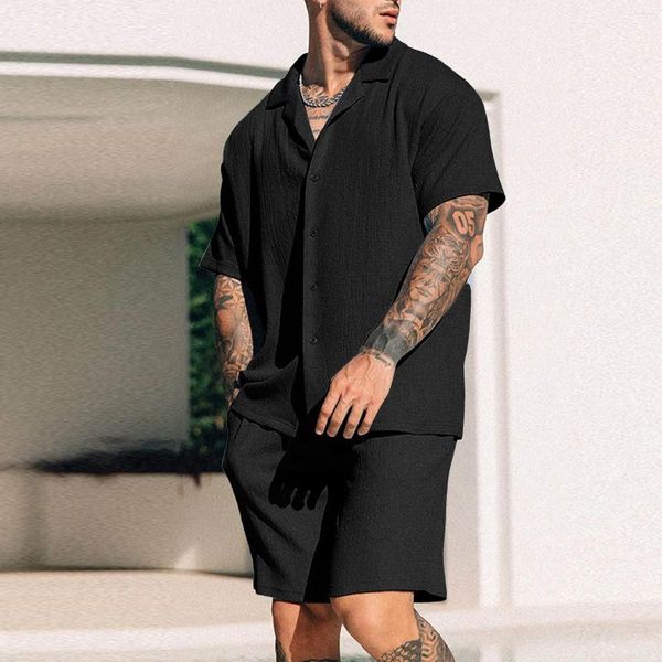 Herren Tracksuits Herren Shirt Sets Baumwollwäsche Feste Streifen Kurzarm Casual Oversizey Shorts Sommer Streetwear Hawaiian Suits