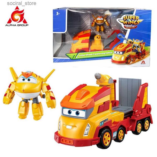 Action Toy Figures Super Wings Wheels Golden Wheels Transforming Vehicle 3-In-1 Trasformazione Aircraft Traccia con Mini Golden Boy Anime Kid Toy L240402