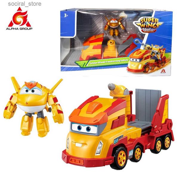 Figuras de brinquedos de ação Super Wings Golden Wheels Transforming Veículo 3 em 1 Transformation Vehicle Aircraft Track com Mini Golden Boy Anime Kid Toy L240402