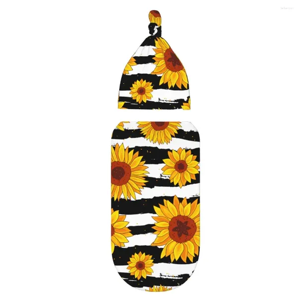 Decken Sonnenblume auf schwarzen und weißen Streifen Baby Swaddle Decke für geborenes Empfangen