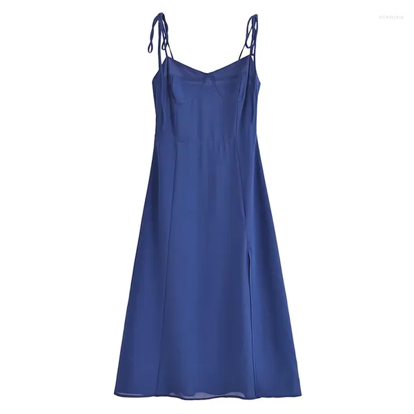 Vestidos casuais yenkye verão 2024 elegante vestido azul escuro feminino francês vintage slim spaghetti tira