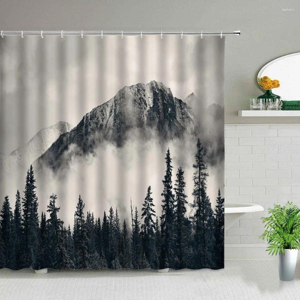 Duschvorhänge Baum Landschaft Fog Mountain Forest Thema Vorhang Badezimmer Badewanne Dekoration Haken Haken