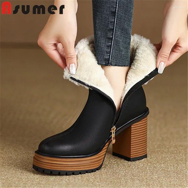 Stiefel Asumer 2024 Genauer Leder Winter Frau Damen Plattform Knöchel Top Verkauf Dicke Plüsch Schnee