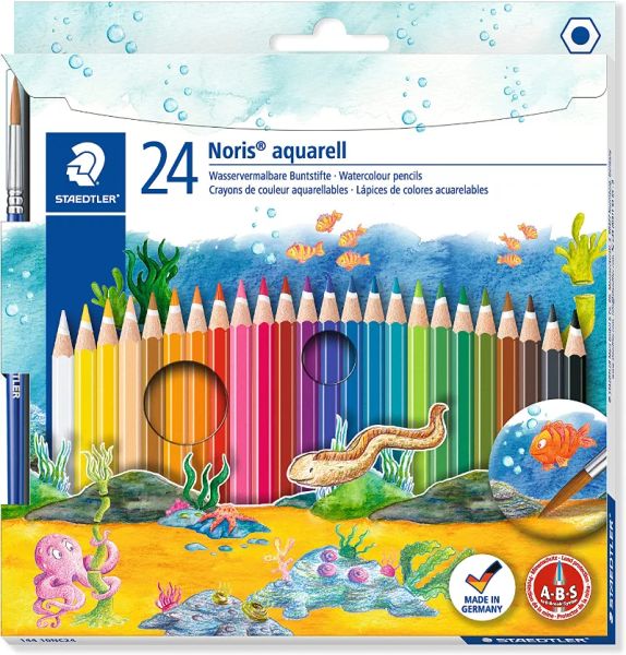 Lápis Staedtler 144 10NC24 Noris Club Aquarell Watercolor Lápis mais pincel, cores variadas, pacote de chumbo apagável de 12/24