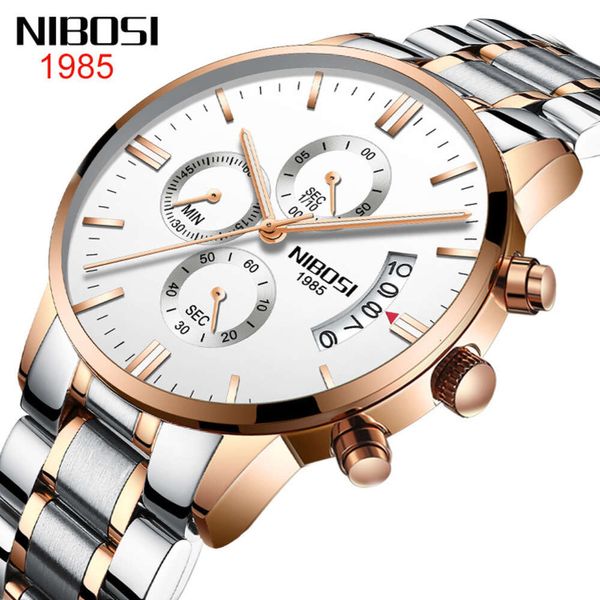 Nibosi Butterfly Snap Filelel Solid Steel Band Men's Watersperme Coated Glow Glow Three Olhos Relógio de quartzo de 6 pinos