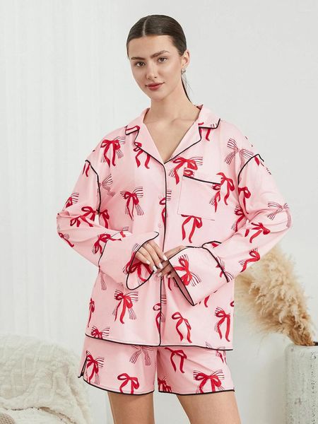 Home Clothing Damen Bug Print Pyjama Set Revers Hals Langarmknopf Down Tops Elastic Taille Shorts 2 Stück Lounge Outfits