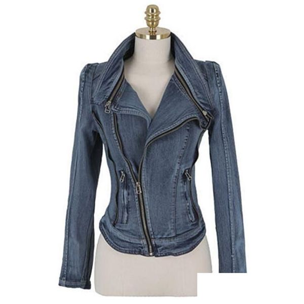 Damenjacken Frauen Frühling Herbst Frauen Langarm Ständer Kragen Strickjacke Jeans Jacke Lady Revers Zaubertasche Slim Short Dhbr3