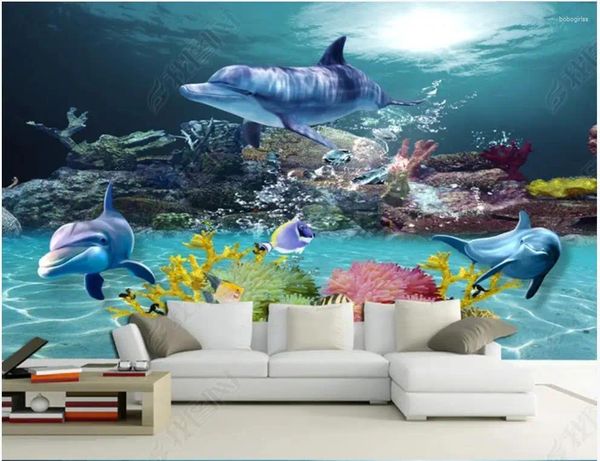 Обои на обои для стен 3 D росписи Dolphin TV Настенные рисование Средиземноморья мечтательных подводных.