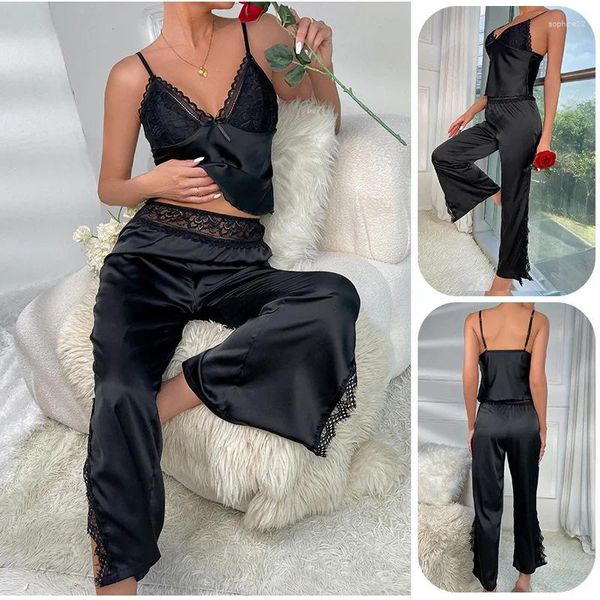 Roupas em casa Pijamas sexy Conjunto V Voneiro de pescoço Camisole elástico calça calças femininas Loungewear elegantes cetim elegantes