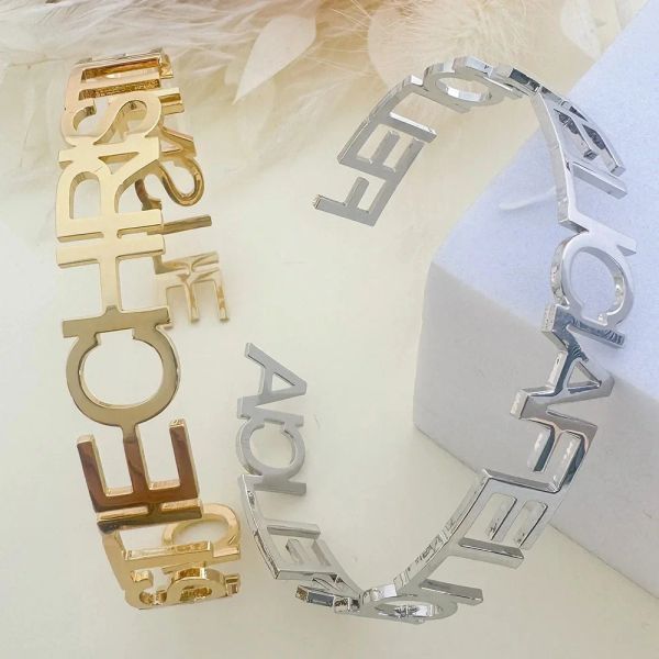 Pulseira feminina nome personalizado pulseira de aço inoxidável ouro prata pulseira personalizada charme pulseira dia dos namorados presente de jóias