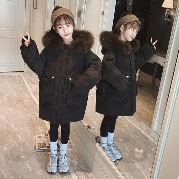 Coat 2024 Girls Winter Fashion Fashion Collar Over-Coat's Back Stampa per bambini Velvet addensato con cerniera calda con cerniera calda 120-170 cm Black Colore