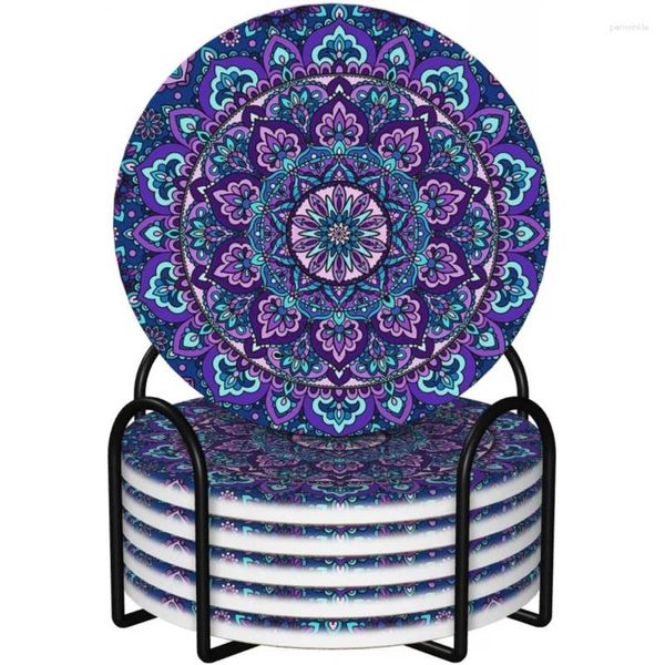 TABELA MATS BOHO Mandala Coasters para bebidas com suporte de 6 pacote de cerâmica absorvente absorção de pedra Base Cork Base Decoração de casa