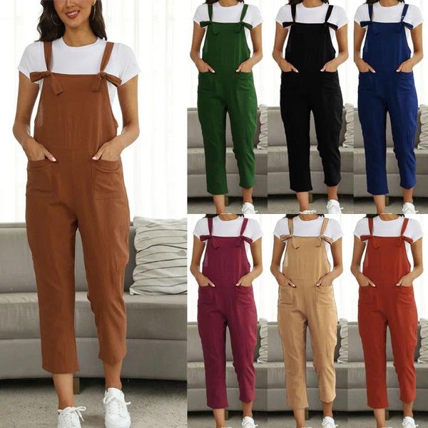 Calças femininas Spring e Summer Loose Plus Size Suspenders de linho de algodão