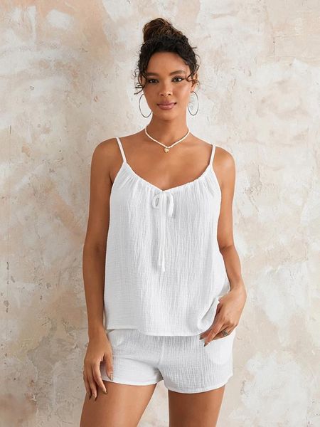 Home Clothing Damen 2 -teiliges Pyjama Sets weiße ärmellose Binde Cami Tops Wide Leg Shorts Outfits Loungewear für Freizeit täglich