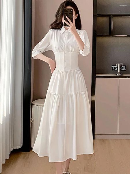 Vestidos casuais vestido de colarinho de colarinho de colarinho comprido branco para mulheres 2024 Moda Bodycon Office Lady Spring Autumn Elegant