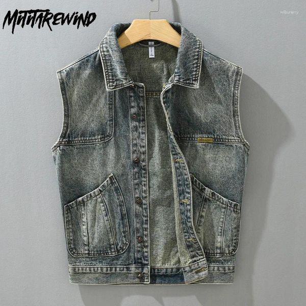 Жилеты мужского жилета 2024 High Street Loak Denim Jacket Vintage Blue Button Rooveless Youth Korean Fashion