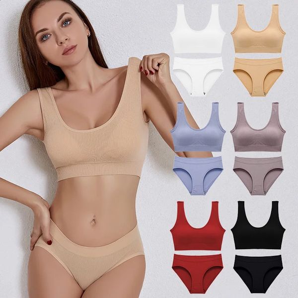 Tops sem costura sexy definir calcinha de cintura alta feminino feminino de roupa de baixo terno de roupa de fogo macio acolchoado sem costas lingerie de bralette 240326