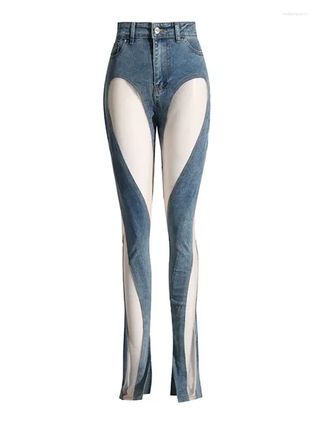 Jeans femininos High Street Est 2024 Designer de moda Pants Mulheres Sexy Hollow Out Irregular Patchwork