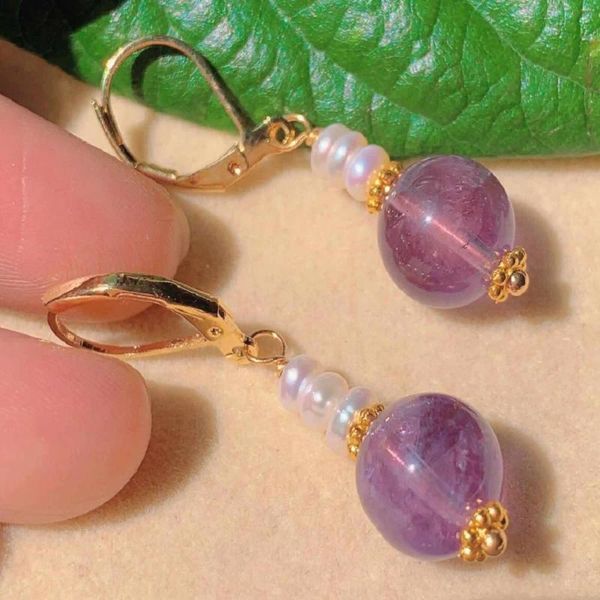 Orecchini penzolanti naturali rotondi di calcedony viola perle perle oro anniversario d'argento cristallo auricolare cuffia gemella platino