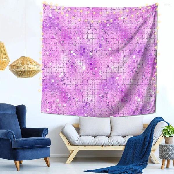 Arazzi Immagine di lavanda Purple Retro Disco Mirror Squares Decor muro Arazzo con clip Barb Regalo di compleanno Office Polyester Delicate