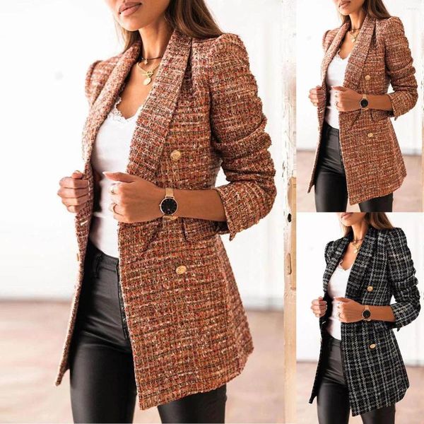 Ternos femininos Moda Moda de mangas compridas Casual colar jaqueta de bolso impresso Pequeno casaco de fragrância 2024 Tweed de outono top