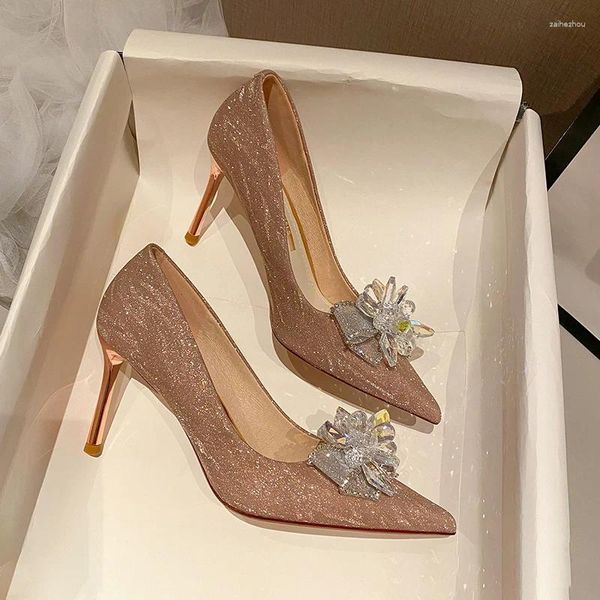 Kleiderschuhe Hochzeit 2024 Frauen koreanischer Bowtie Brautjungfer flacher Mund dünne Ferse Kristall Mode High Heels