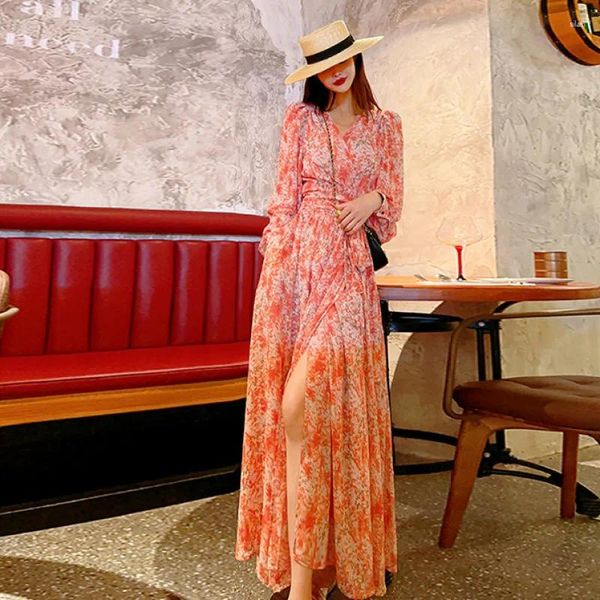 Vestidos casuais French Chiffon Flower Woman V Print Print Long for Women Bohemian Fashion Women's Elegant