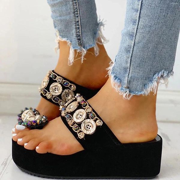 Slippers flip toe anel flops misando botão inferior Botão feminina Sapatos grossos Sandálias grossas