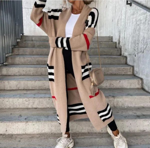 Cardigan Long Long Women Women Women Women Women Women elegante listrado retalhos de retalhos listrado Cardigan Longo Longo Casual Casual Manga Longa Casal Casual