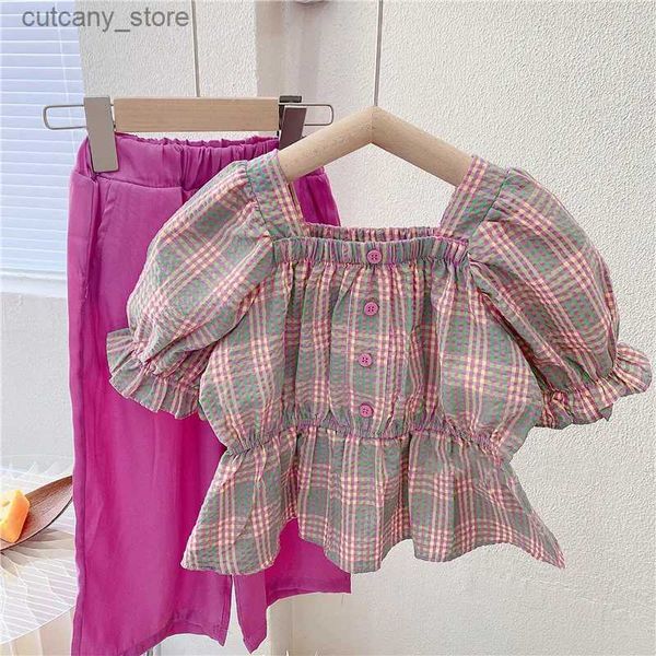 Calças 2022 Novo romance Summer Girls Cloths Sets Plaid Puff Seve Top Wide G Pants Moda Filmes Crianças Roupa Infantil