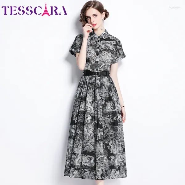 Abiti per feste Tesscara Donne Summer Elegant Dress Shirt di alta qualità Long Vintage Office Vintage Femme Runway Resigner A-Line Vestidos