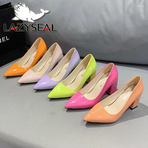 Kleiderschuhe LazySeal 2024 2,9 Zoll farbenfrohe Patentleder Frauen Pumpen Thukyheels Arbeitspunkte Zehen Heels Plus Size 46