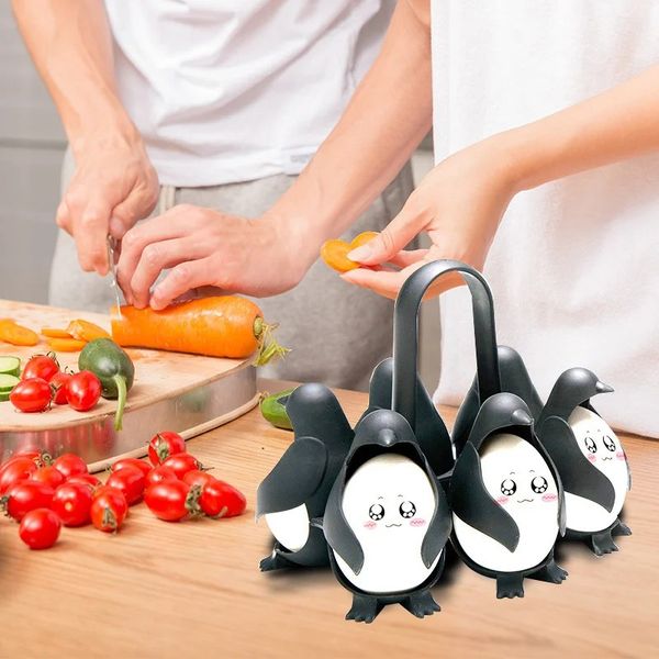 Egguins 3 em 1 cozinheira, armazenar e servir o porta-ovos, panela de ovo cozida em forma de pinguim para ovos cozidos segura 6 ovos