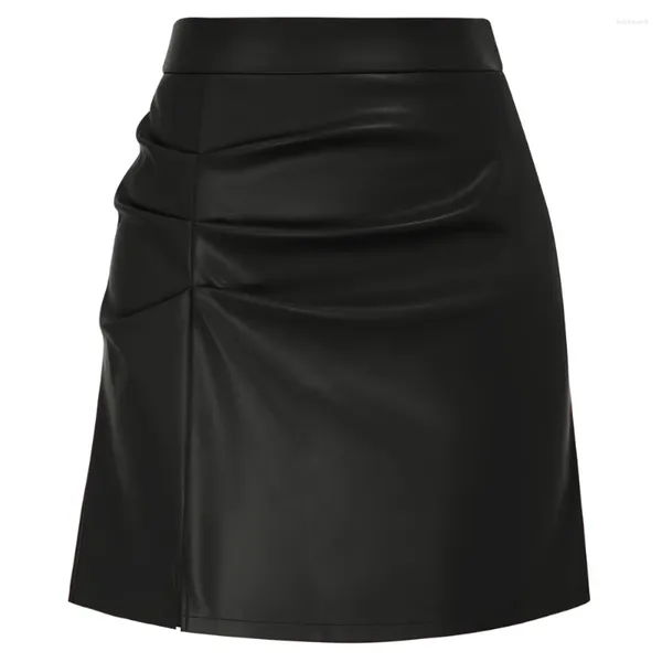 Юбки KK Женская искусственная кожаная юбка с высокой талией эластично на молнии карандаша для женщин с рюшами A30