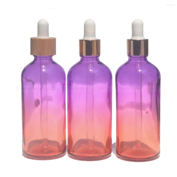 Bottiglie di stoccaggio 10pcs 30 ml da 50 ml da 100 ml di vetro da 100 ml con coperchi di bambù bottiglia rosa con cappuccio in oro rosa per profumo di olio essenziale