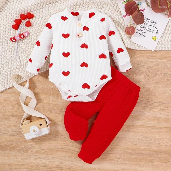 Kleidungssets Suefunskry Säugling Baby Girl Valentinstag Set Long Set Long Sleeve Mock Hals Herzdruck Strampler Elastic Drawess Taille Rippenhosen