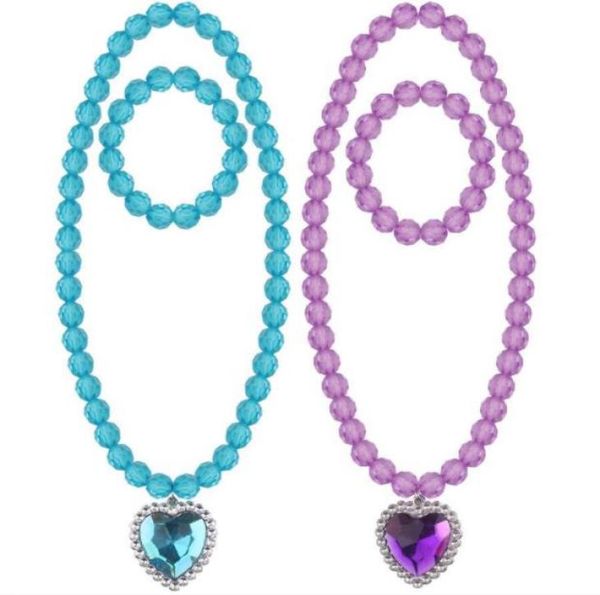 Ожерелье и браслет для детских девчонки с кусочками для детских девушек с кулоном Crystal Heart Press Up Pretend Play Party Print Blue Purp7576312