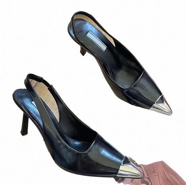Летние женские высокие каблуки дизайнерские сандалии формальные обувь великолепная летняя подлинная треугольная кожаная этикетка тонкая каблука