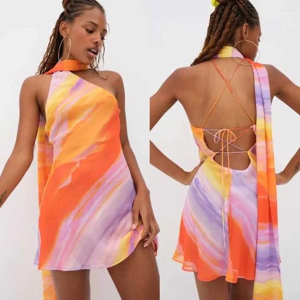 Lässige Kleider Boho inspirierte Multi-One-Shoulder-Mini-Kleiderhalte sexy Party 2024 Frühlings Sommer Rückenless Cocktail