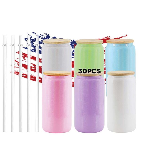 USA 2 Tage Lieferung Kaffeetasse 16oz Glitzer Schimmer Sublimation Blanks Glas Bier Dumbler mit Stroh und Bambusdeckel