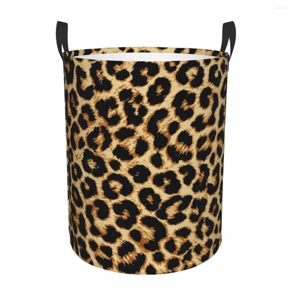 Bolsas de lavanderia Leopard Pele Skin Texture dificultando grande cesta de armazenamento de armazenamento tropical Animal Wild Girls Boys Toy Organizer