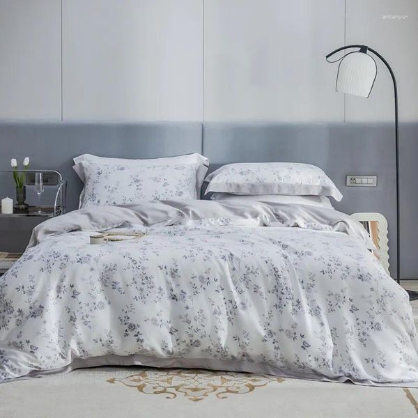 Bettwäsche -Sets Blumengedruckte grau und weiße schicke Bettdecke mit Reißverschluss Bambus Lyocell Weichste Kühlbettblech Kissenbezüge