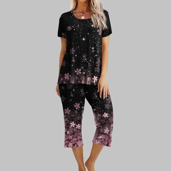 Home Clothing Pyjamas für Frauen, die kurze Ärmel Capri Ladies weiche, bequeme Sommer -Nachtwäsche mit Taschenhosen Anzug setzen