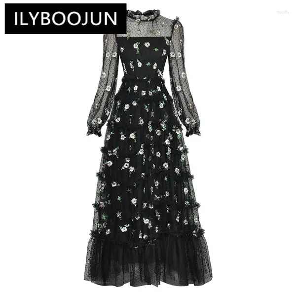 Lässige Kleider Ilyboojun Modedesigner Frühling Mesh Maxi Kleid Frauen O-Neck Laternenhülle Blume Stickerei Bohemian Long