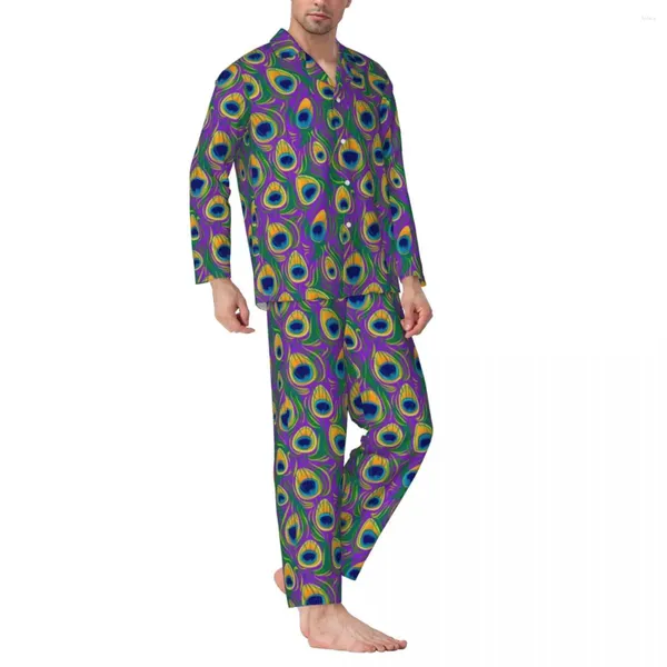 Coloque caseiro pijama homem impressão animal noturno sono sleepwear pavão penas 2 peças estéticas conjuntos de manga longa adorável traje de tamanho grande